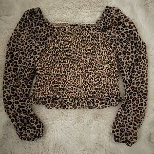 Art Class Girls Leopard Print Off-Shoulder Blouse. Sheer sleeves.